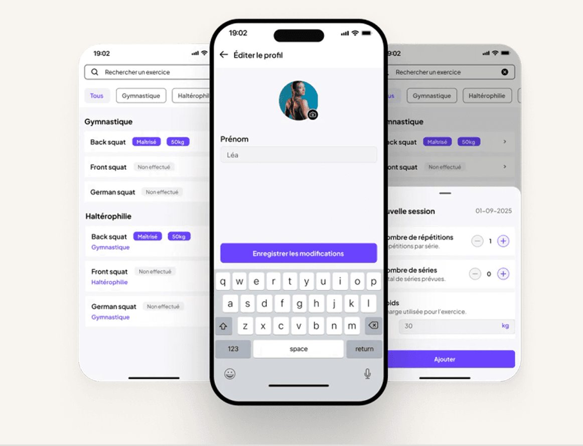 Écrans d'une application mobile sur mesure