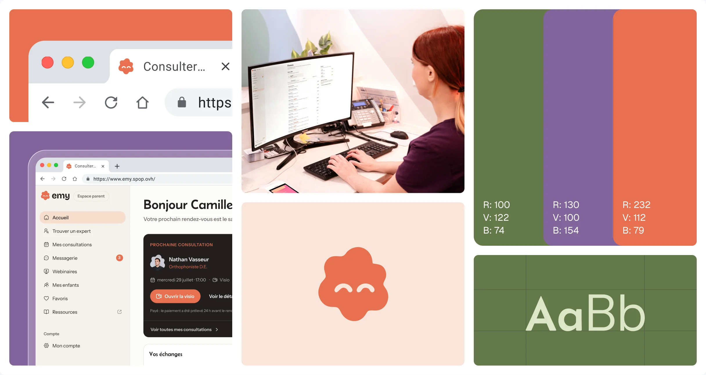Emy, identité visuelle : navigateur, espace parent, palette de couleurs, typographie et logo